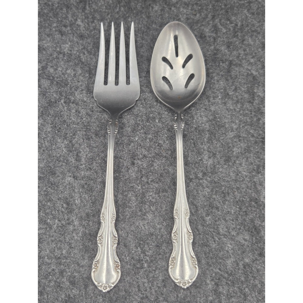 Lot of 2 Reed & Barton Serving Pieces Large Fork Slotted Spoon Stainless Japan
